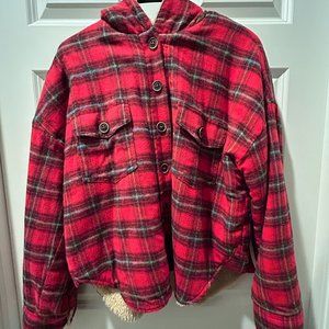 Women's Wild Fable Red Plaid Sherpa Lined Button-Up Hooded Jacket in size Small